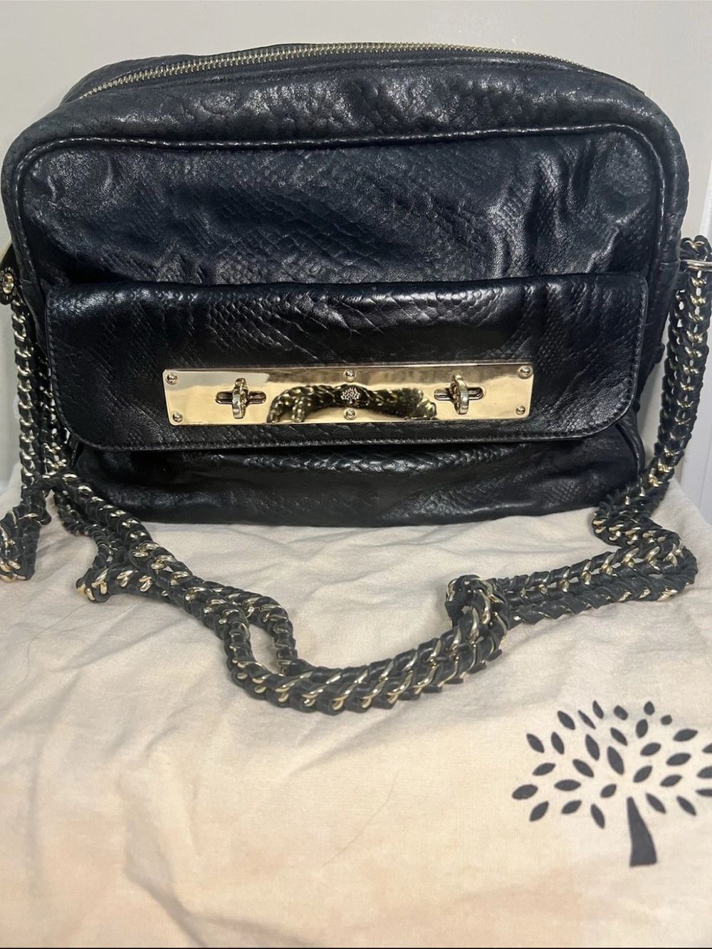 Mulberry Black Quilted Leather Crossbody with Gold Chain